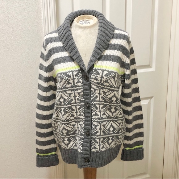 Gap Women’s Nordic Style Gray/White/Lime Cardigan Sweater w/Shawl Collar - L - Picture 1 of 15